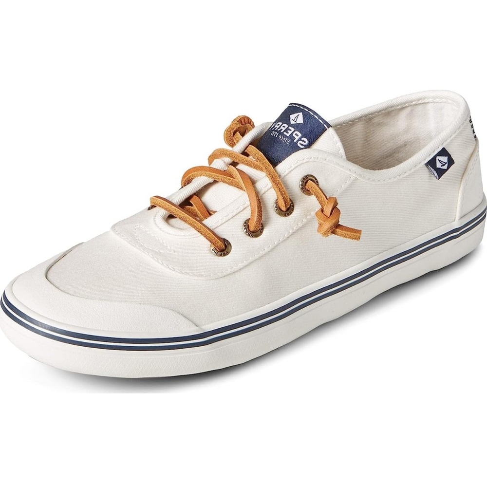 Sperry Women’s White Canvas Sneakers with Tan Laces and Navy Accents